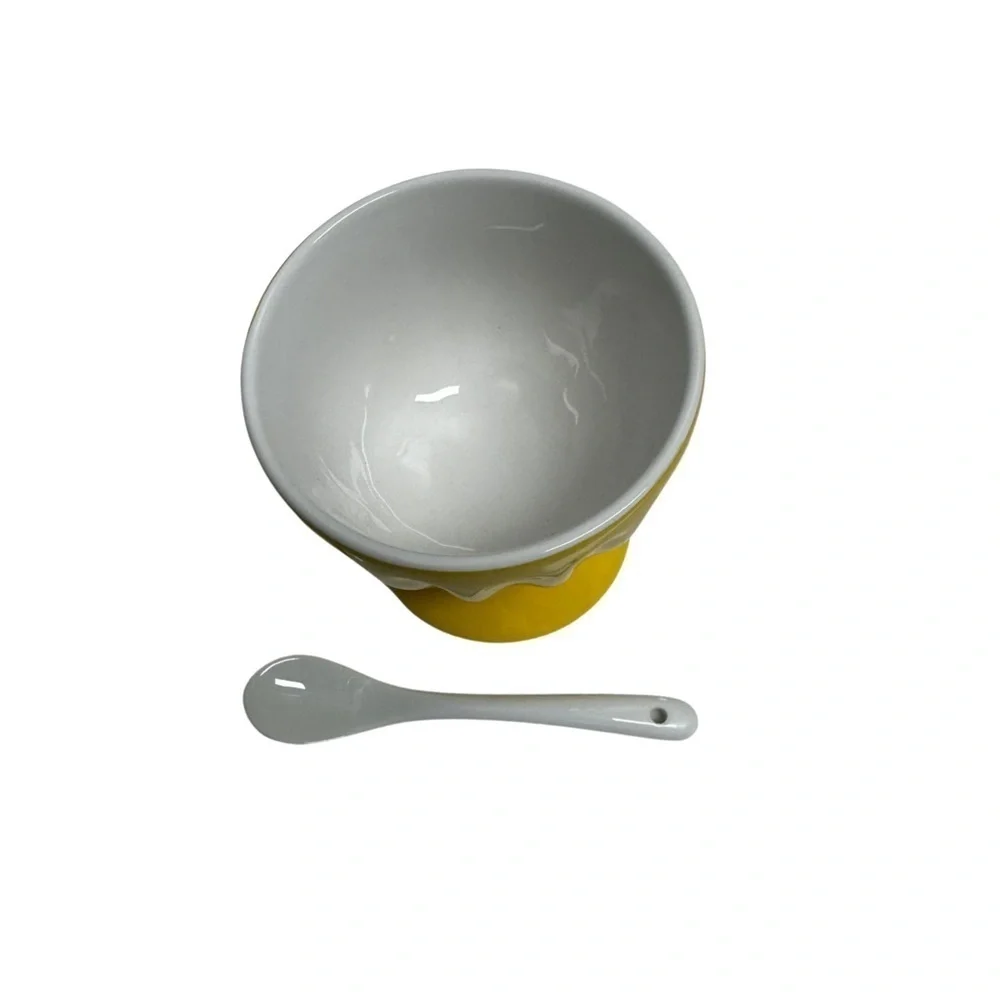 Pier 1 Imports One Ice Cream Bowl Yellow Stoneware With Spoon New In Box